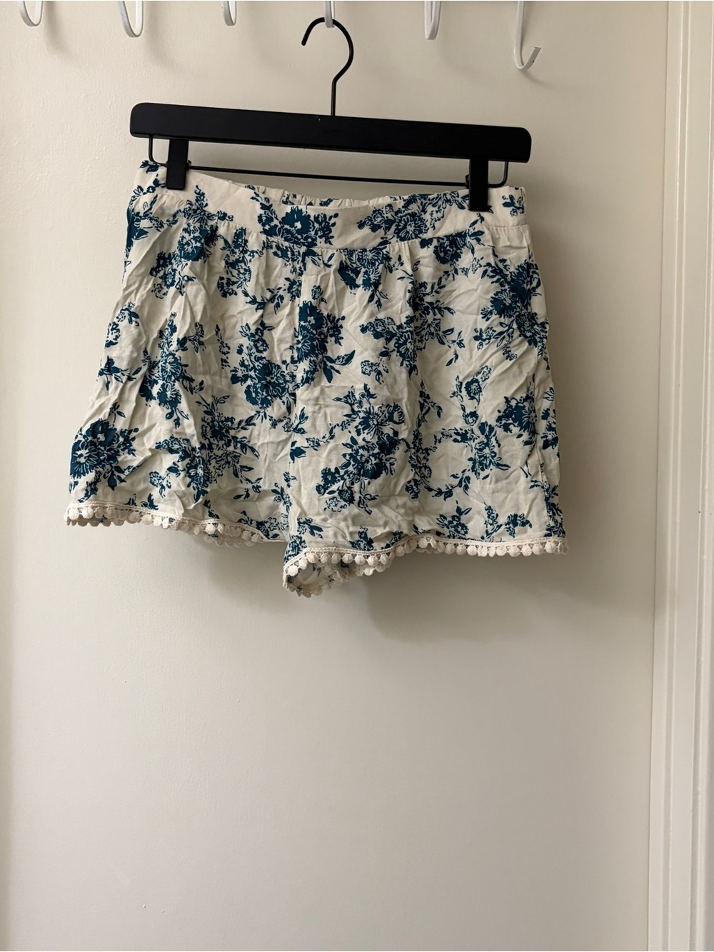 Love Culture Cream Shorts with Teal Floral Print and Pom Trim
